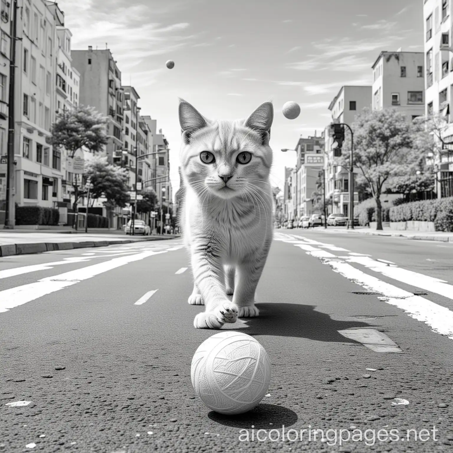 a cat playing with a ball on a road, city background, Coloring Page, black and white, line art, white background, Simplicity, Ample White Space. The background of the coloring page is plain white to make it easy for young children to color within the lines. The outlines of all the subjects are easy to distinguish, making it simple for kids to color without too much difficulty