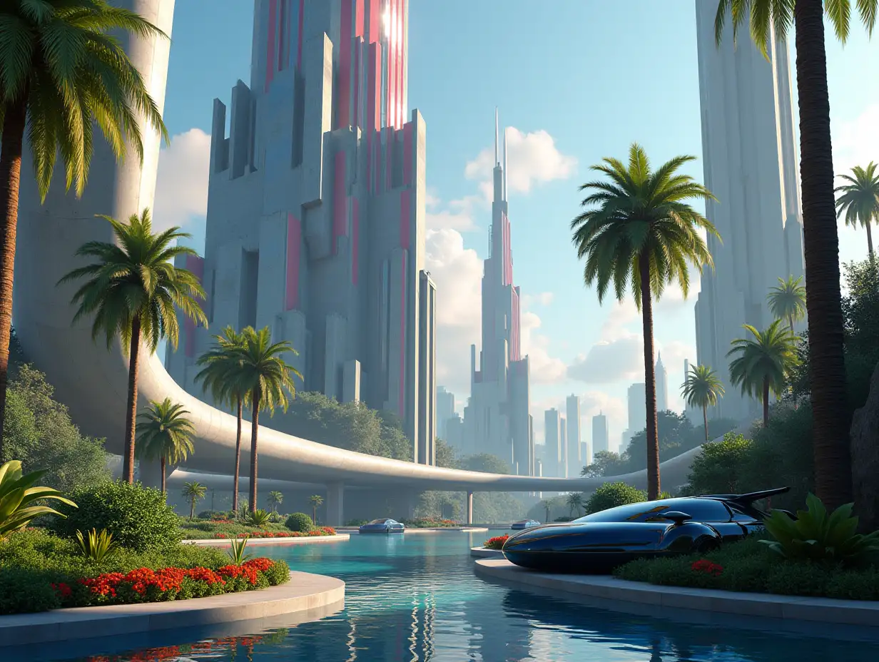 Create a high-resolution, realistic image in 4K resolution of a multicolored, futuristic skyscraper with curved pillars and many plants and a futuristic vehicle with tinted glass