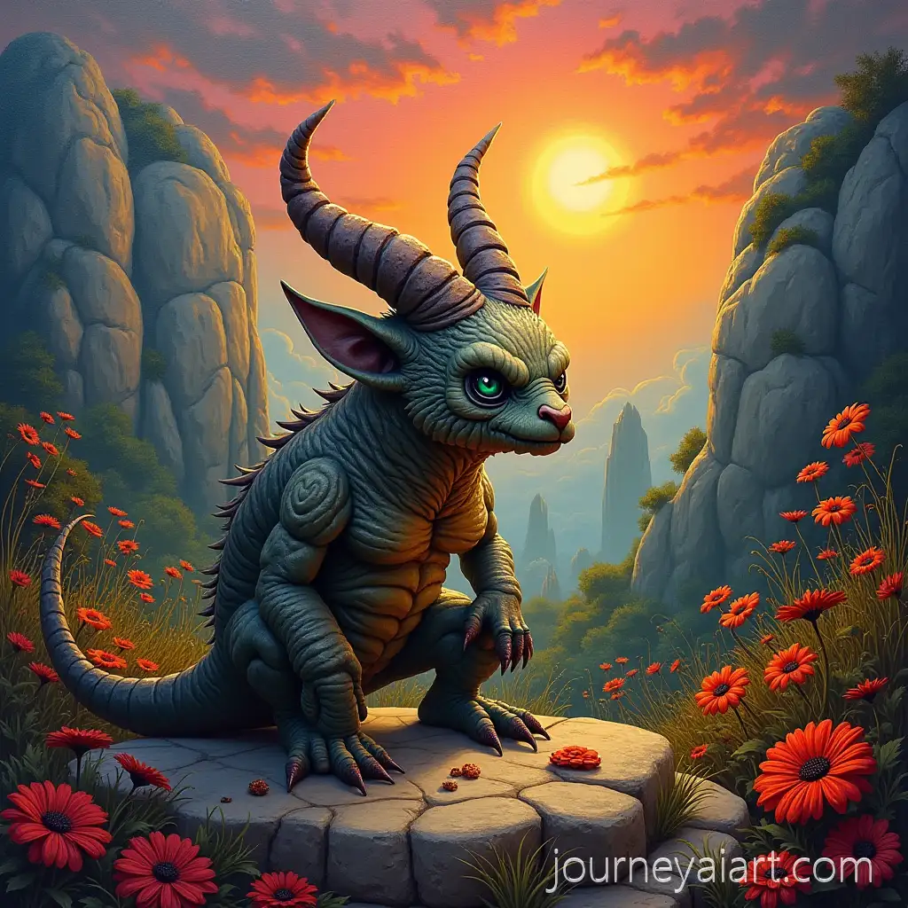 Demons-and-Wonders-Gargouille-Figurine-in-a-Lush-Universe-with-Sunset-and-Builder-Symbols