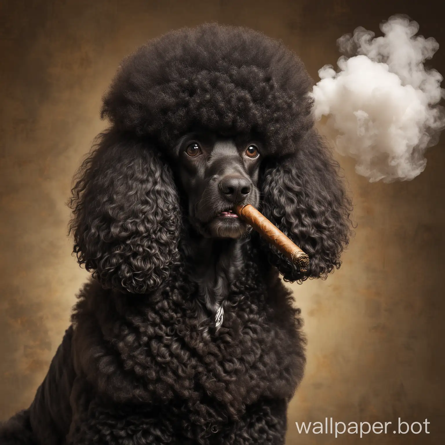 a large black poodle with a huge cigar and a giant afro