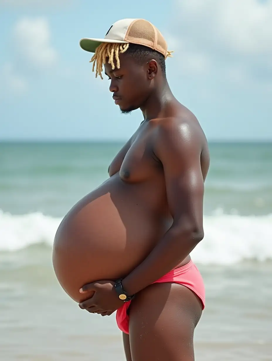 Young-Teenager-with-Curly-Blonde-Hair-Inflating-Belly-on-Beach-with-Kid-Sister