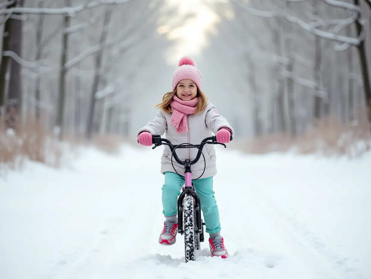 3 years girl riding a bicycle on snow road