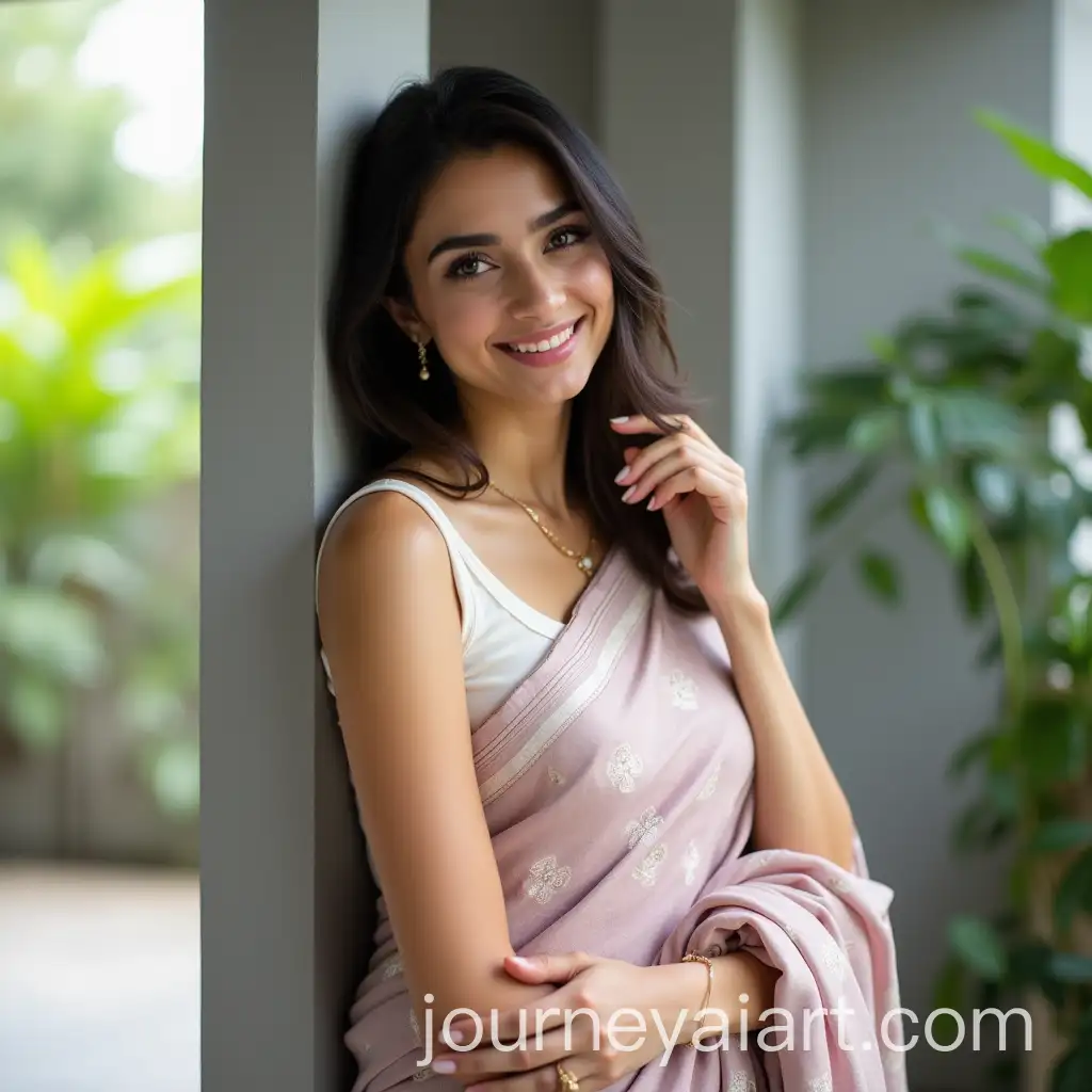 Young-Woman-in-Light-MauvePink-Saree-with-Floral-Pattern-on-a-Serene-Balcony