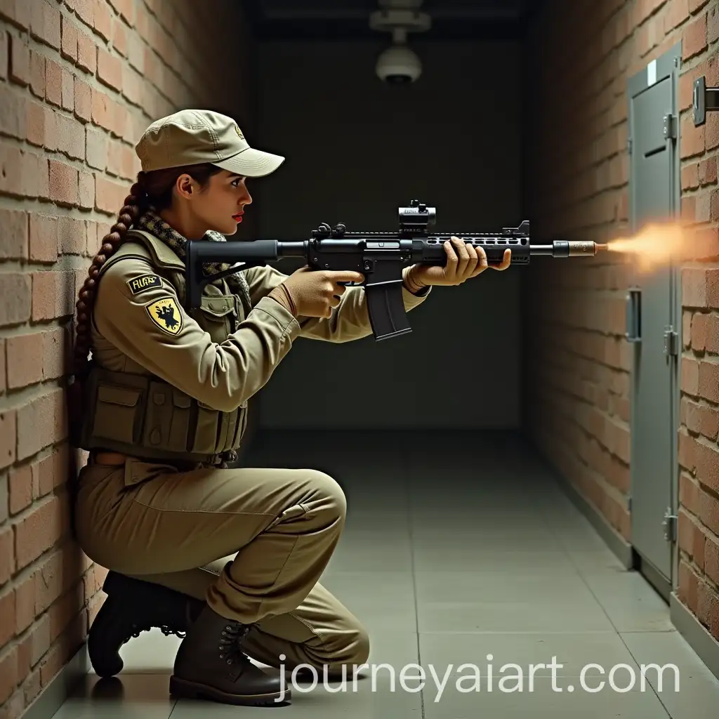 Military-Woman-in-Camouflage-Using-Hand-Grenade-Launcher-in-Underground-Bunker