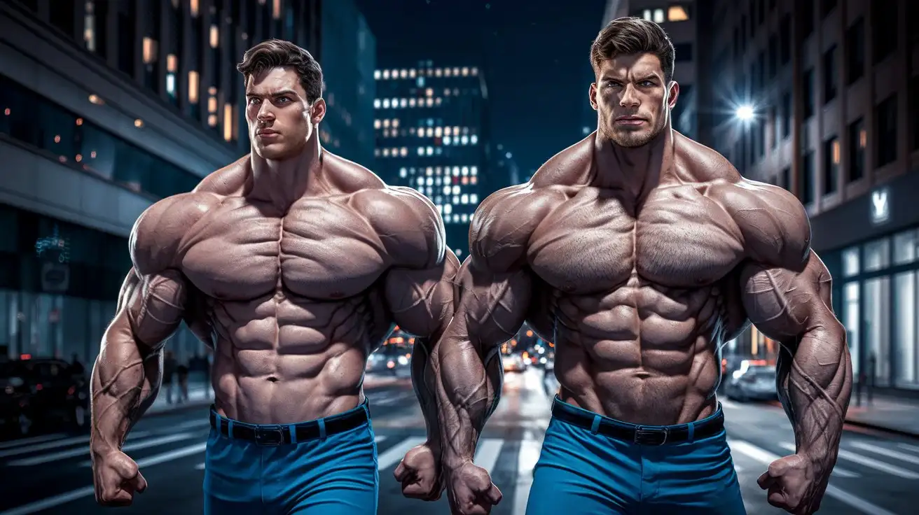 Two-Young-Bodybuilder-Superheroes-Walking-on-City-Street-at-Night