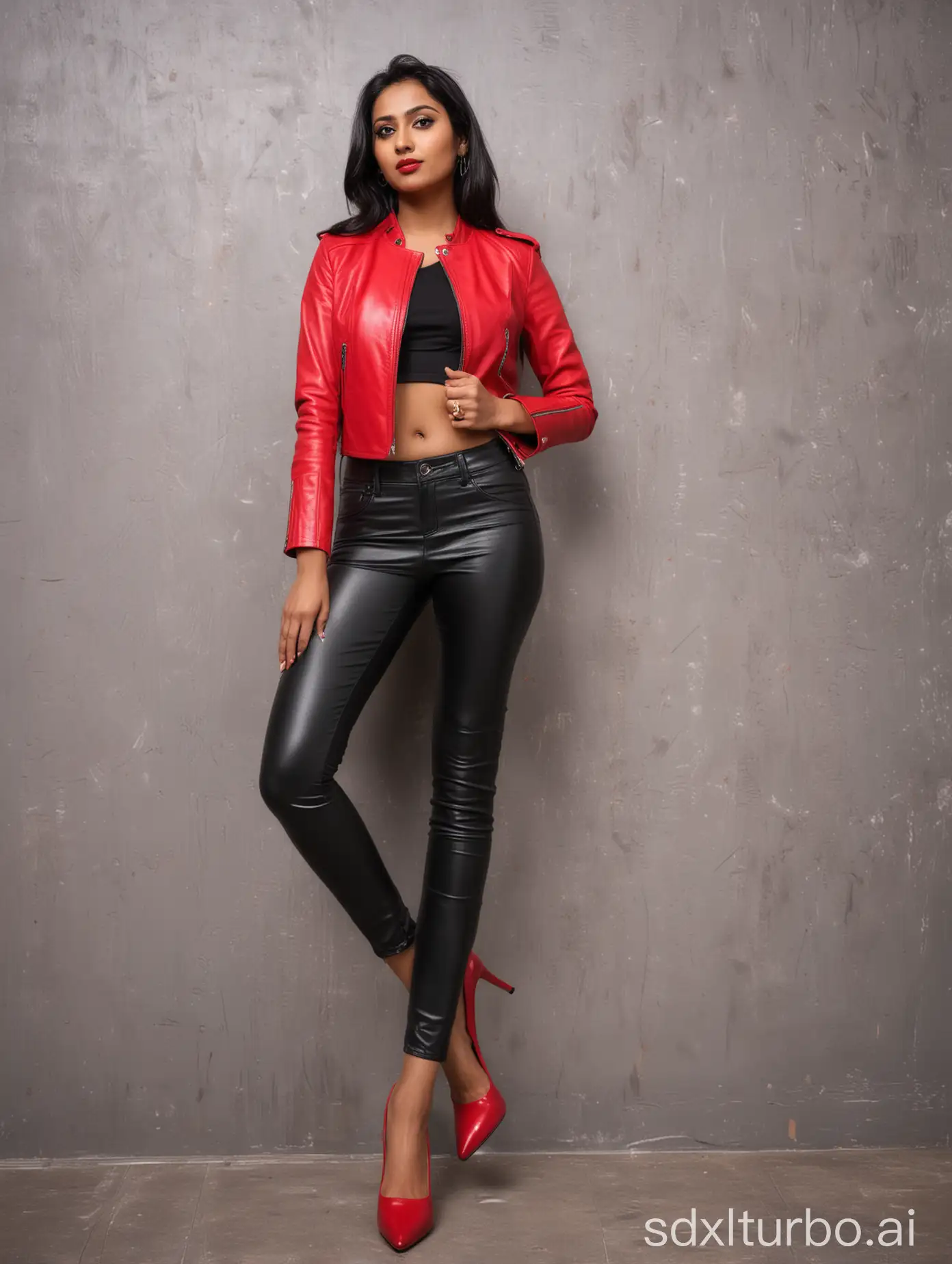 full body shot of a short attractive Indian woman with a skinny build wearing black leather leggings and red high heel pumps with a red leather jacket and crop top