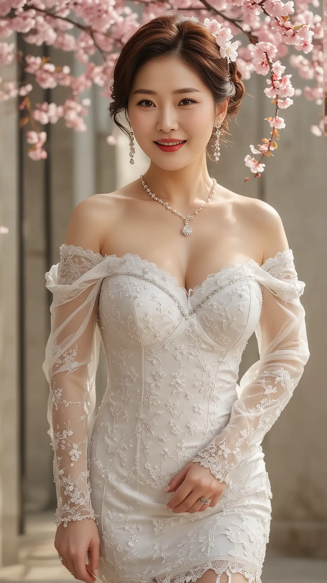 Full figure,1elegant Korean mature woman,Cheopji Meori Hairstyle, red lips,smile, elegant tight dress deep cleavage white stockings, jewelry, luxury hall, cherry blossom,the most beautiful image ever seen, realistic, uhd, RAW, sharp focus, photo realistic, best quality, Korea, ultra high res, masterpiece  <lora:Koreanbody15:0.8>