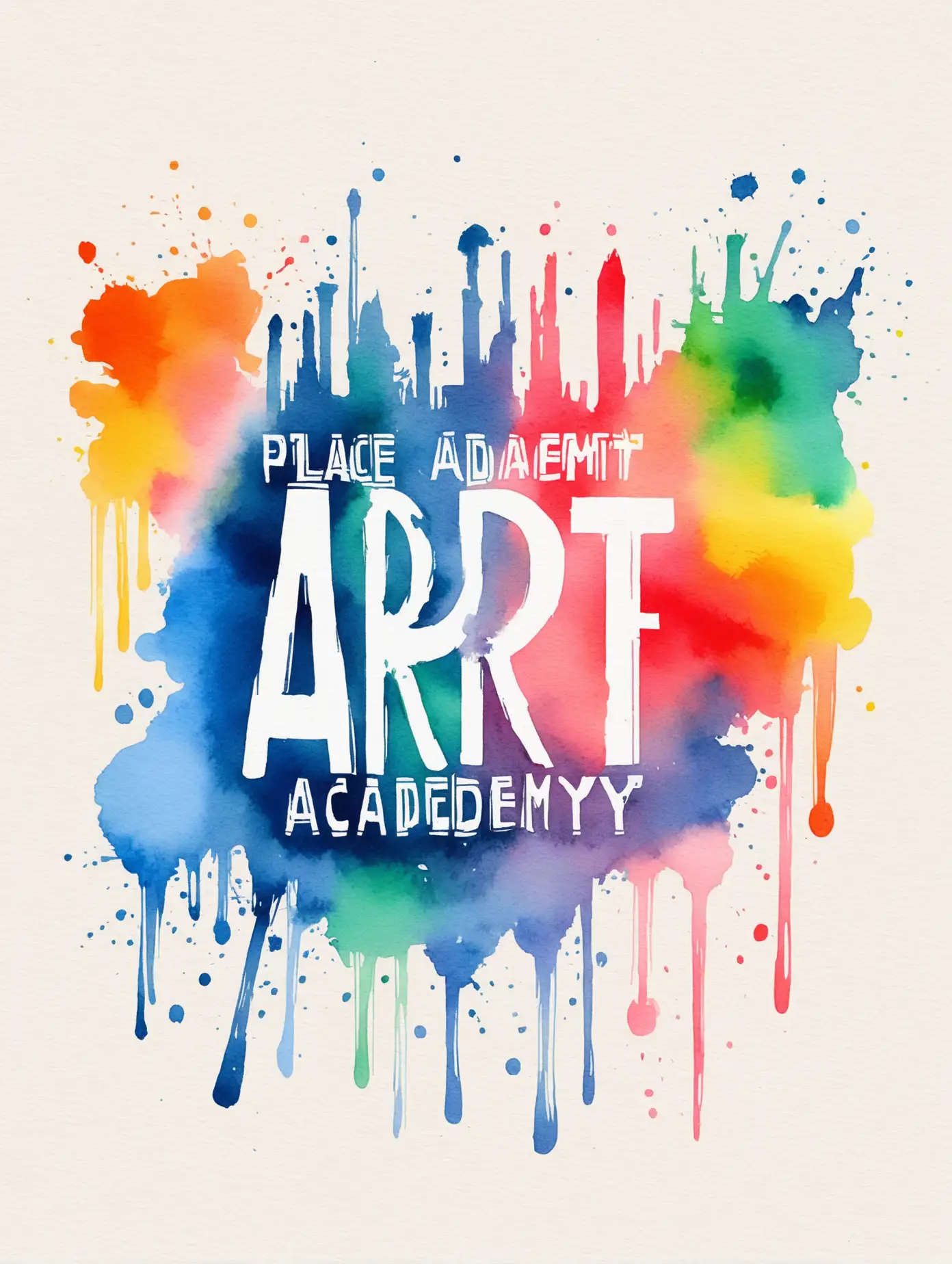 Watercolor print for t-shirt, for art academy. Bright colors, place for logo and name of institution