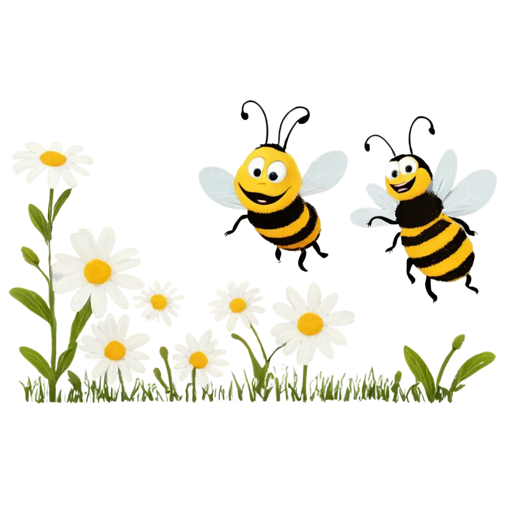 one cartoon honey bee visits one daisy