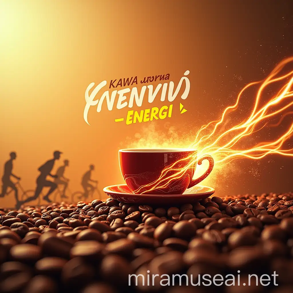 Energetic Coffee Brand Key Visual Vibrant Coffee Cup with Active Silhouettes