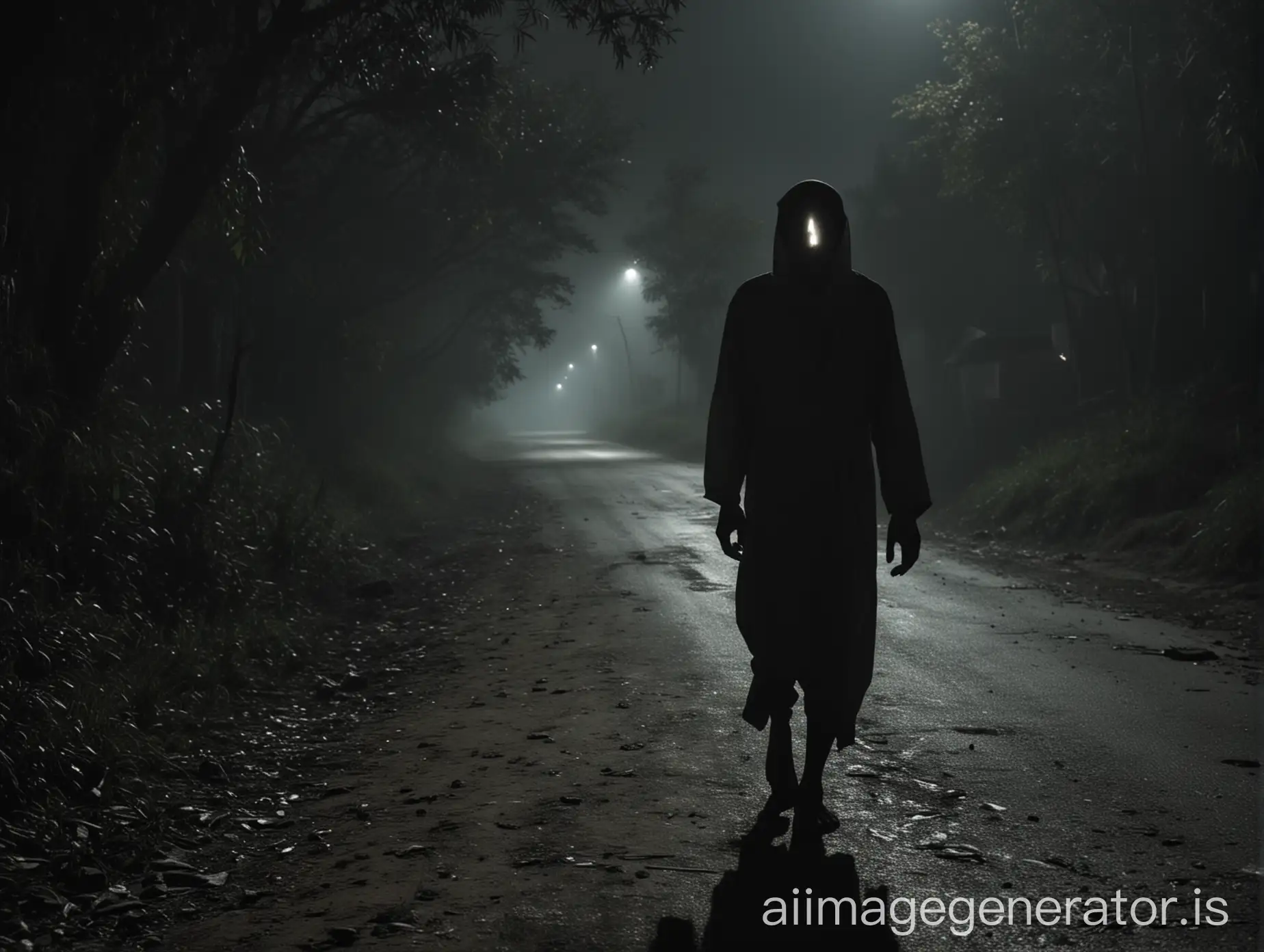a village adult passenger's demeanor shifts to something more sinister and reveals his true eerie ghostly form. on a Bangladeshi dark village road at night.