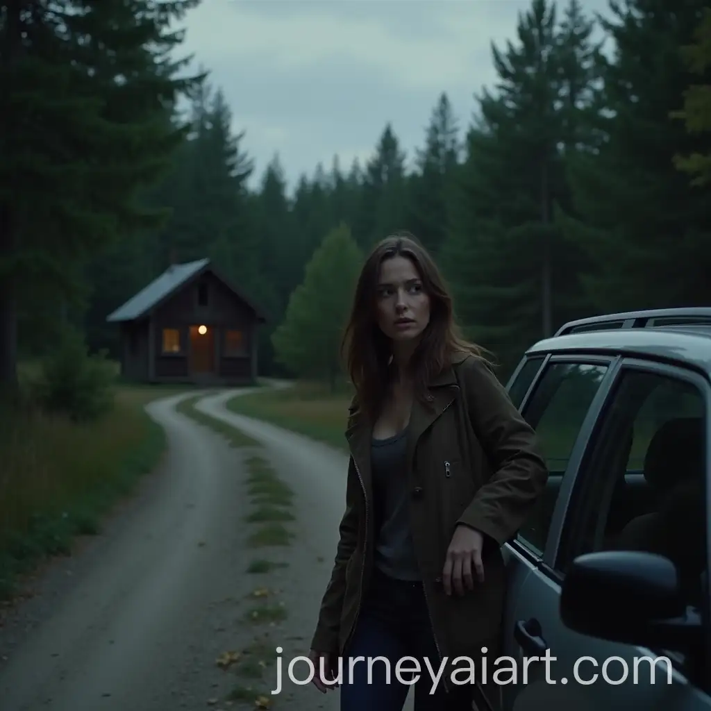Woman-Stepping-Out-of-Car-at-Dusk-Near-Rustic-Cabin