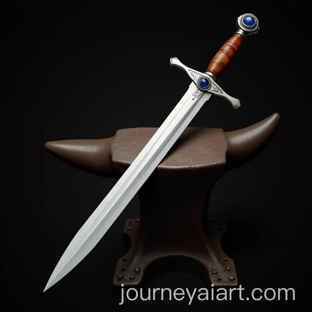 Steel-Short-Sword-with-Leather-Handle-and-Sapphire-Pommel-on-Anvil