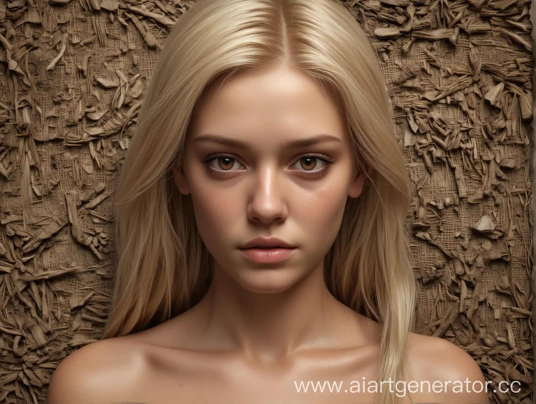 Hyperrealistic image of a blonde with brown eyes standing in the centre. To his right is a poor life, and to the left is a rich life. Behind her you can see a part of the face of a beautiful man, adding a subtle and mysterious element. The image should include detailed textures of the girl's hair, skin and environment,