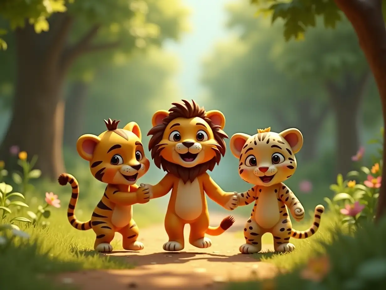 A little lion, a little tiger and a little leopard are walking together in the forest. When they meet a group of human children, they start dancing in a friendly manner. The atmosphere is very joyful and there are 3D animation effects.