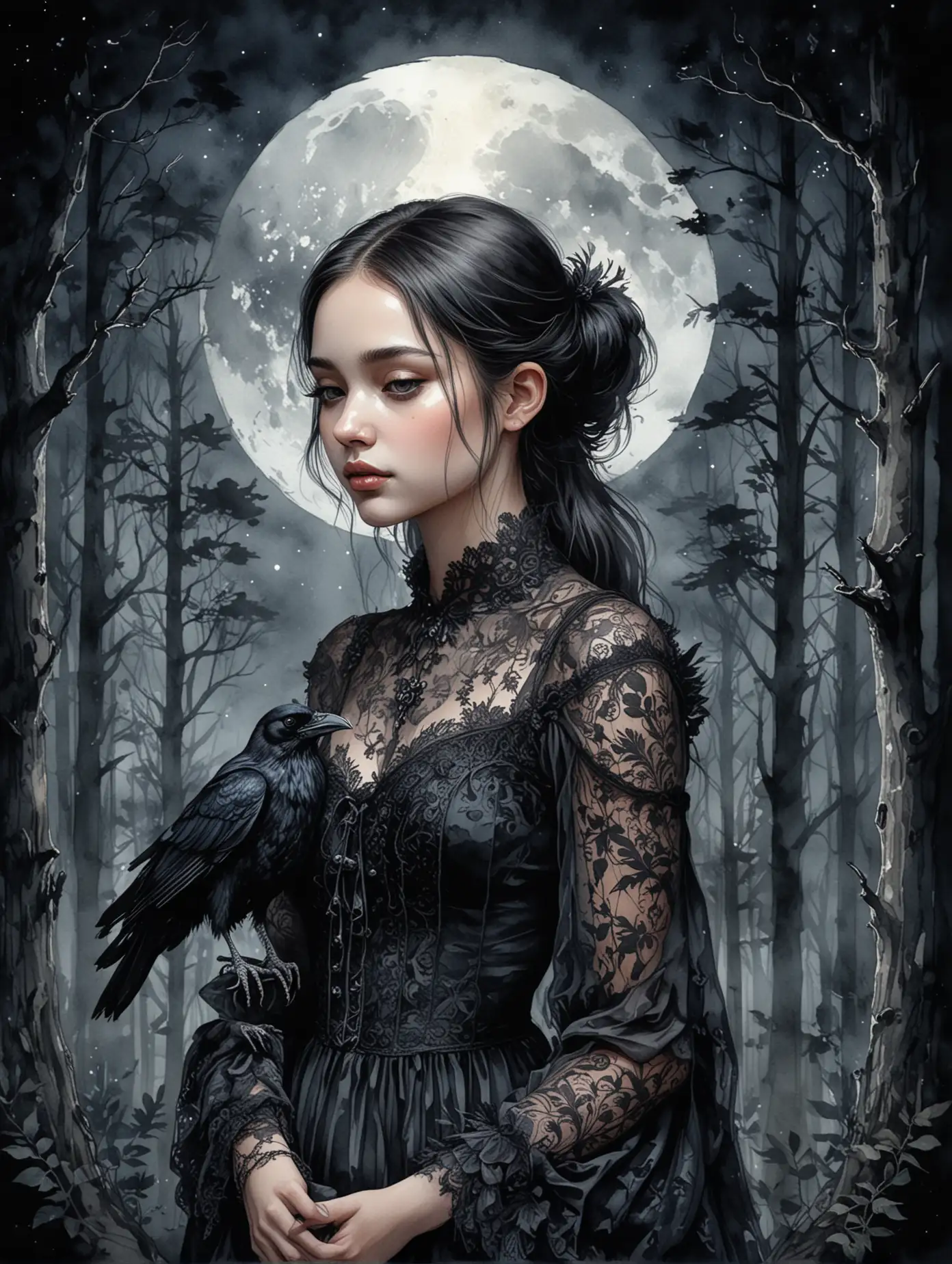 a girl in a black lace dress, with a raven sitting on her shoulder, dark forest around, moon, watercolor drawing, detailed illustration, high quality