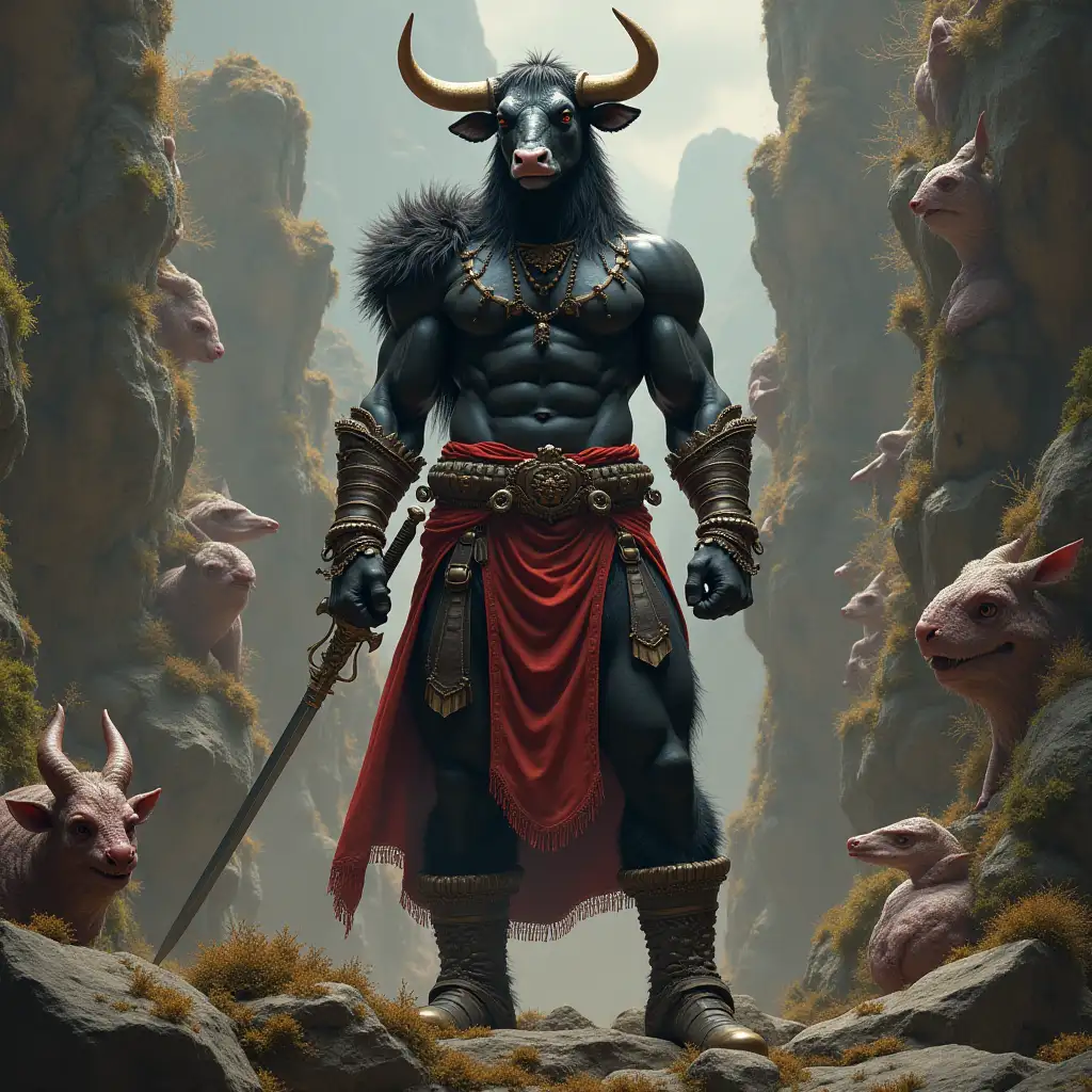 Ultradetailed hyperrealistic portrait black brown cow pattern bodybuilder with horns and fur, with a sword on a rock before a temple with various strange creatures with intricately detailed, colorful