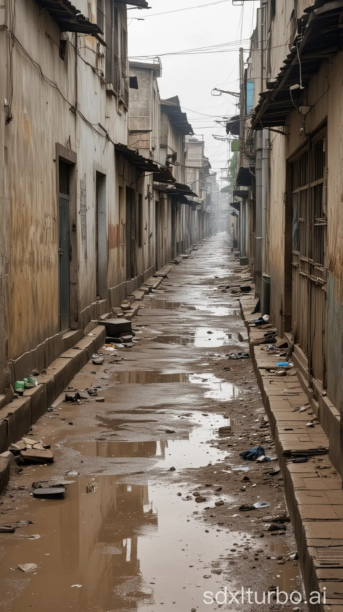 image of extreme poverty, empty dirty streets, that is during the day