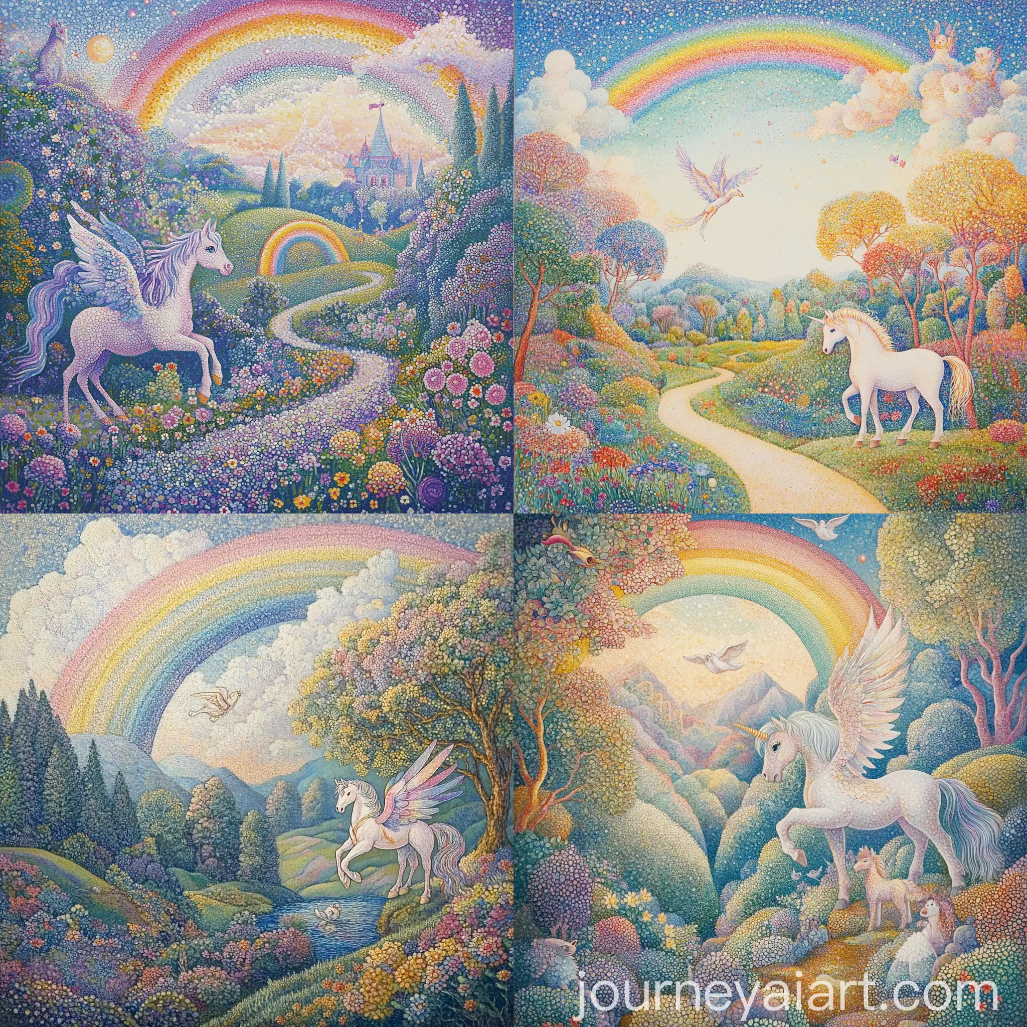 Idyllic-Pointillist-Landscape-with-Rainbow-Winged-Pony-and-Magical-Animals