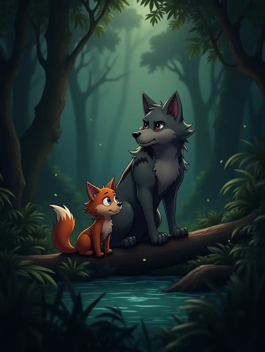 Ruby and Max are sitting on a fallen log in the jungle. Ruby looks animated, her long, fluffy tail swishing as she speaks excitedly about the haunted pond. Her small, sharp face is lit with confidence. Max,  a large, muscular wolf with slate-grey fur and black streaks, stands behind her, his sharp, alert eyes, looks hesitant, his ears perked up as if listening for danger. His body language is guarded, his muscular frame slightly tense. The jungle around them grows darker, with shadows lengthening and the faint sound of rustling leaves adding to the suspense.