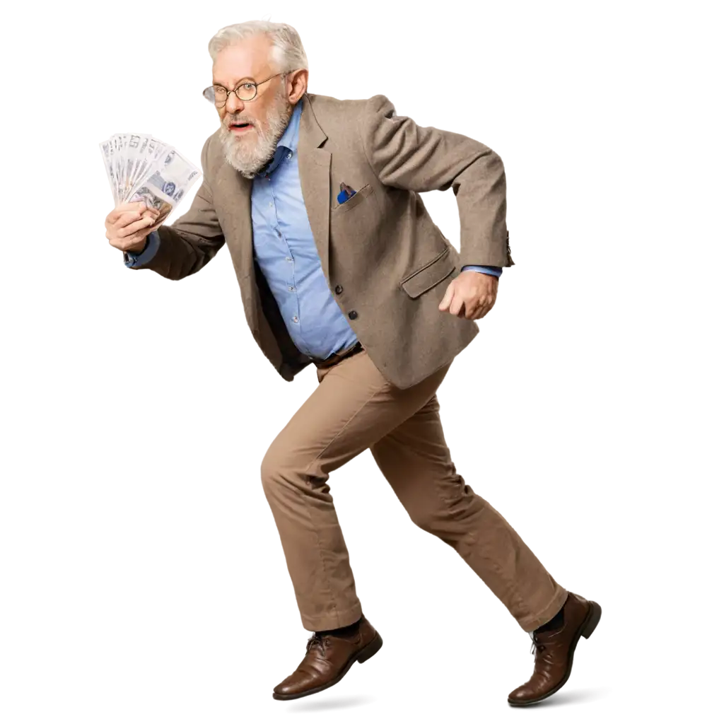 bearded old man running away with money