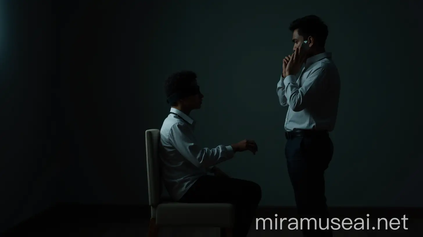 Mysterious Seated Boy and Whispering Indian Man in a Dark Room