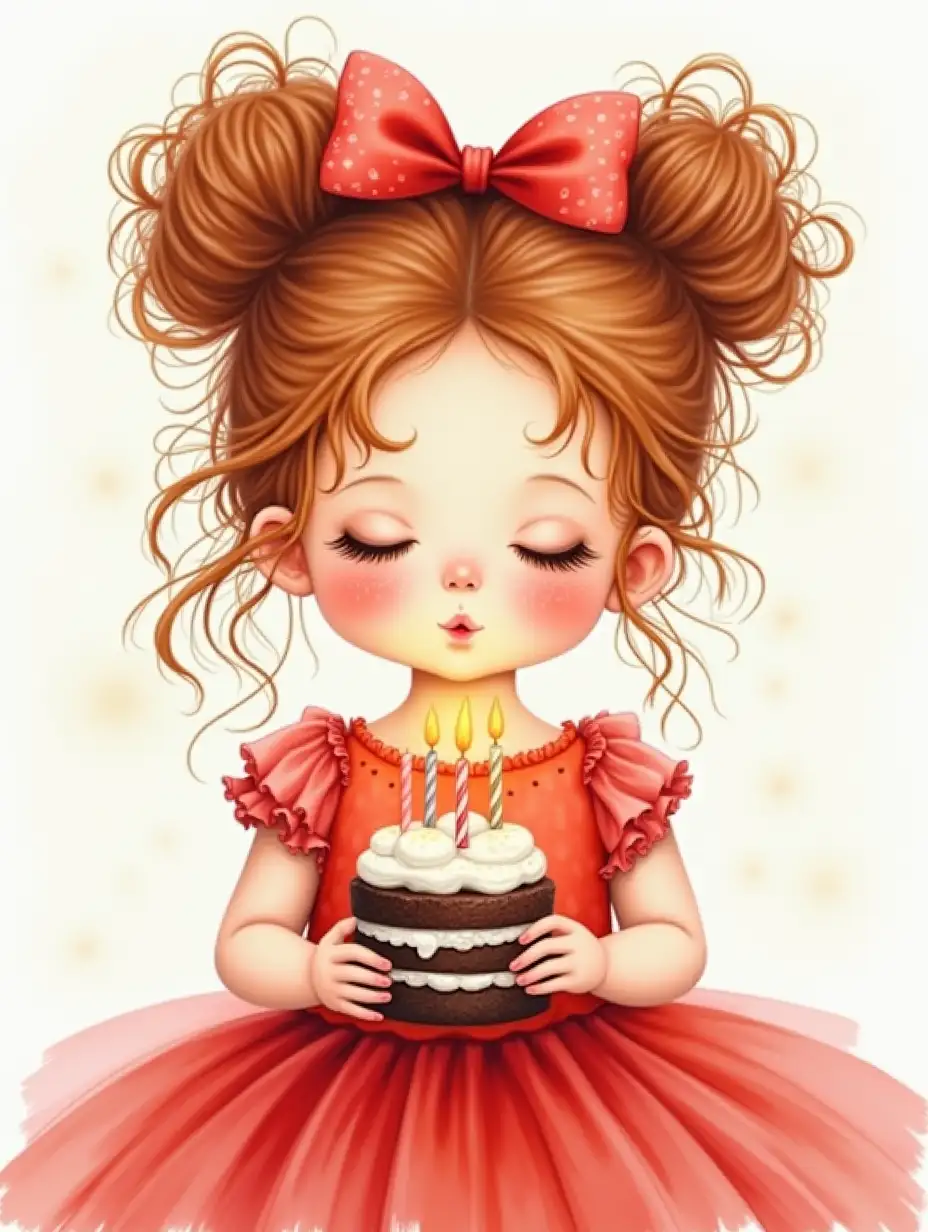 photorealistic airy realistic watercolor, photorealism, wide strokes, tender little girl portrait, European appearance DreamWorks reddish curls gathered in careless buns, drawing of eyelashes, closed eyes, rosy chubby cheeks freckles, Funny blowing on candles. Big on the headred bow, dressed in a red fluffy airy dress with sequins, complex angle.holding a cake with candles, watercolor, ink, beautiful, 4k, high detail