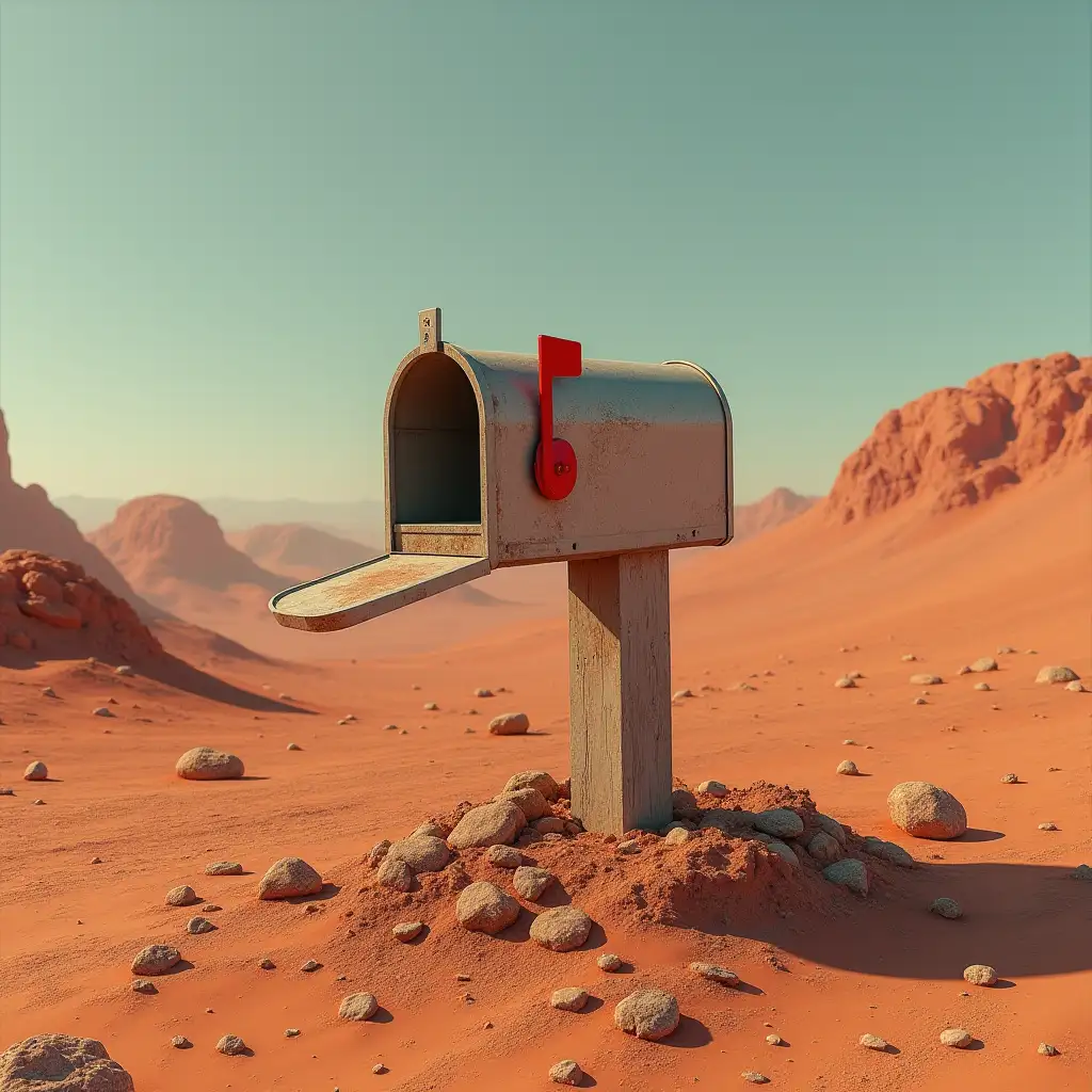 a mailbox planted on planet Mars. photorealistic