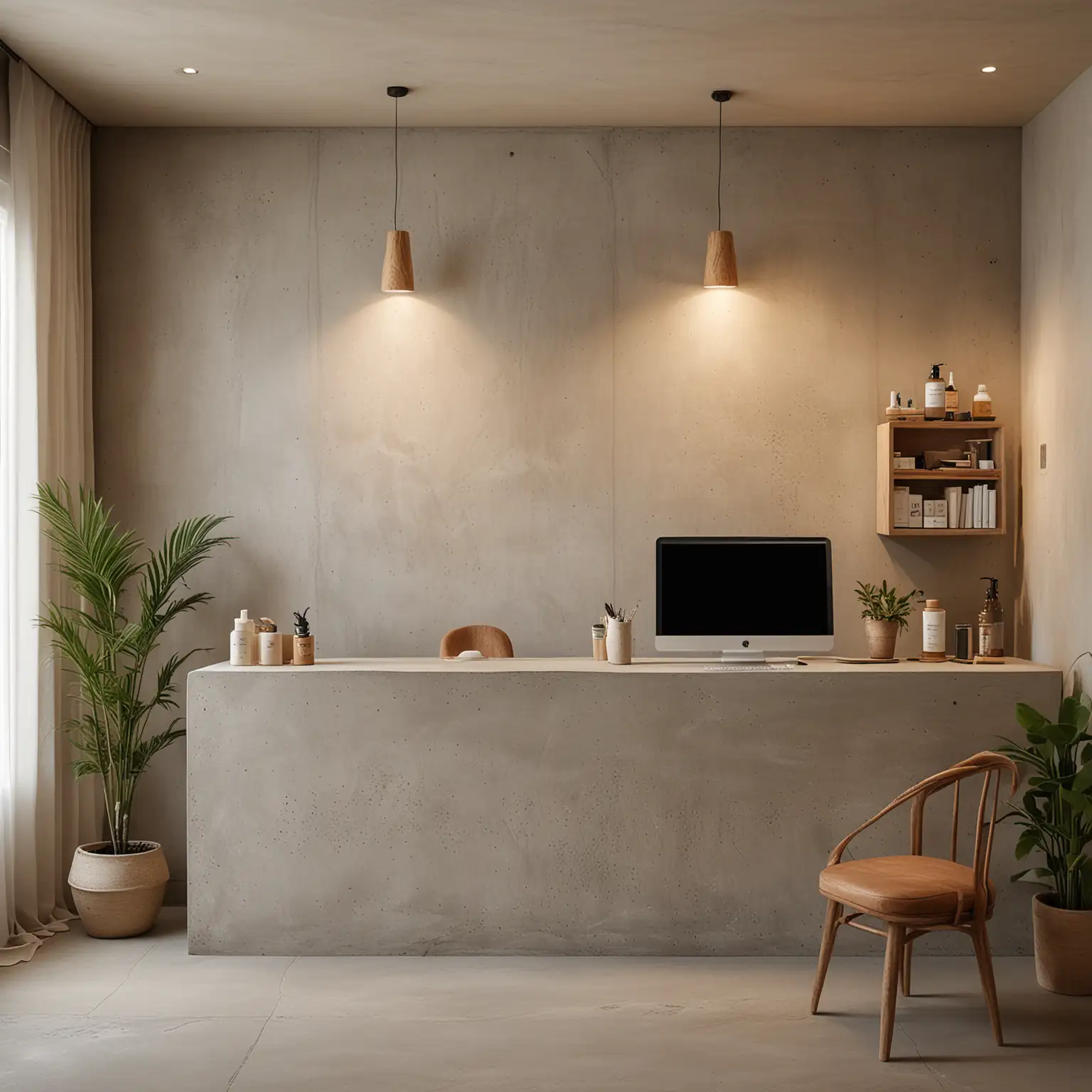 interior of a simple, minimalistic yet modern front desk area with a computer , serene atmosphere, soft diffused light creating ambient glow, organic rough texture plastered concrete finished walls, clean soft warm colors, skincare products on shelves, relaxation and wellness space with sheer curtains filtering the light, natural wood accents for warmth and texture, live-edge wood furniture for an organic feel