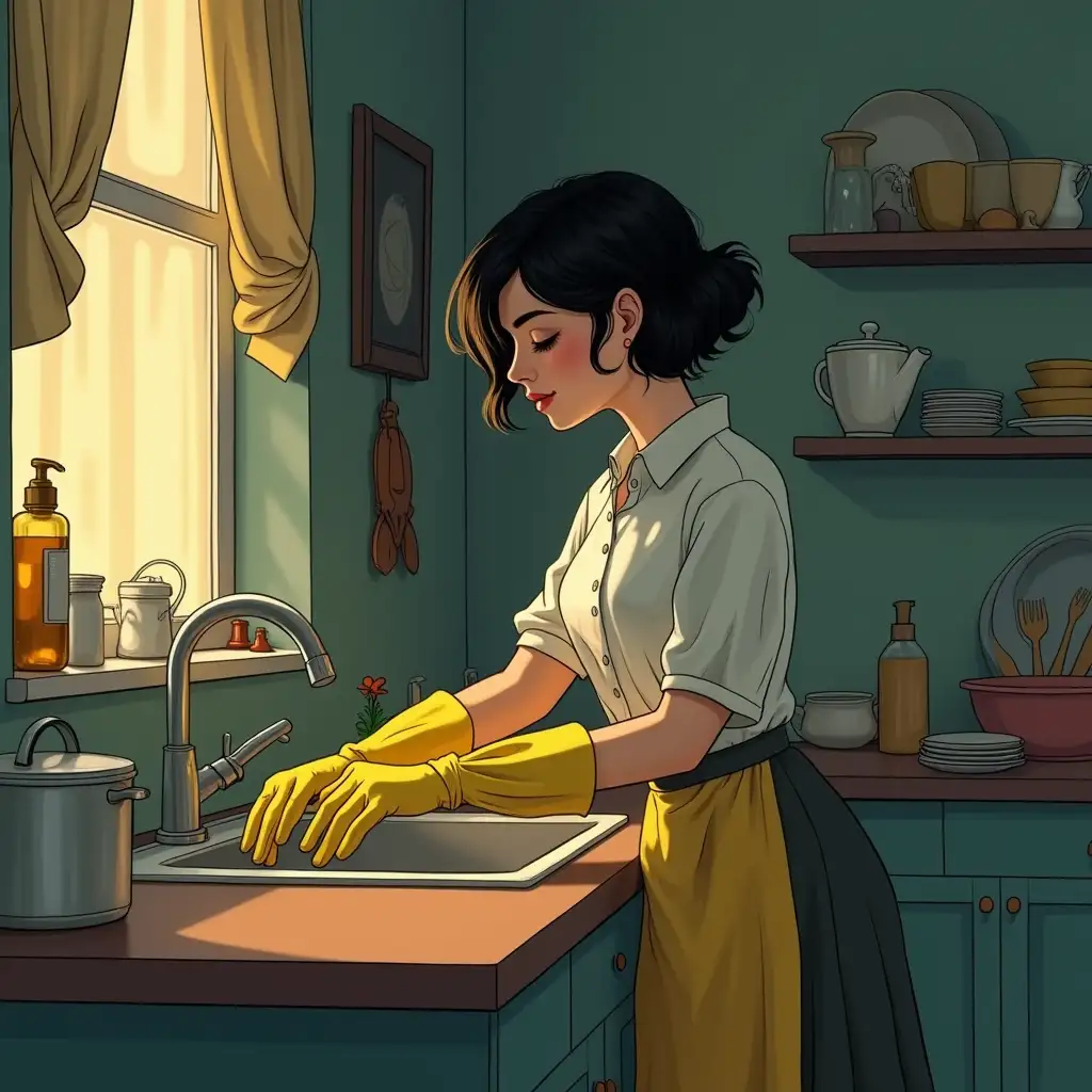 Young-Woman-Washing-Dishes-in-a-Vintage-Kitchen-with-Yellow-Gloves