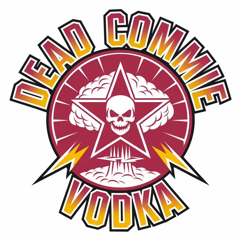 LOGO Design for DEAD COMMIE VODKA Vector Logo with Nuclear Explosion Skull and Lightning in Red and Yellow Gradient