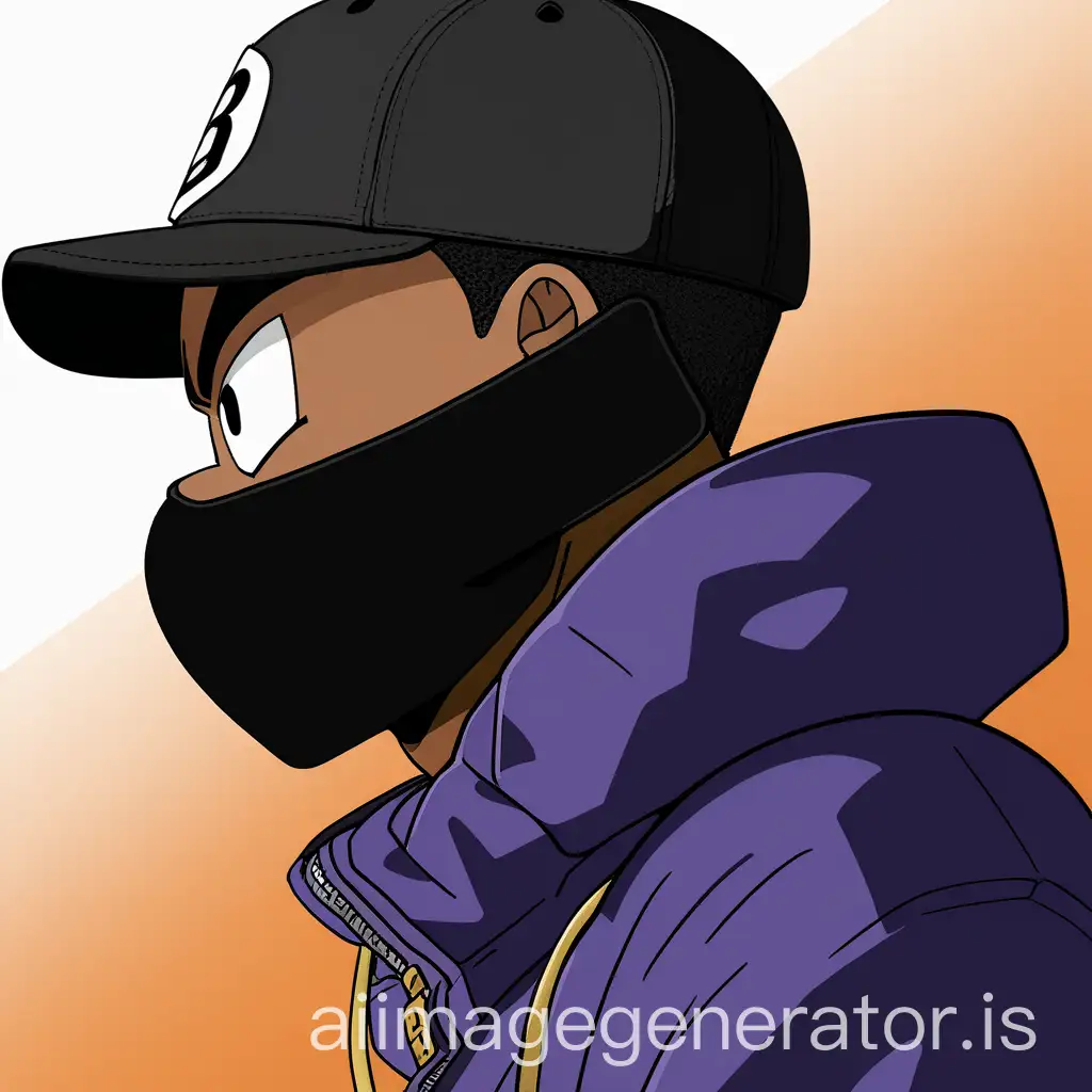 A side profile picture of a black guy with a black ski mask and a cap worn the other side in dragon ball