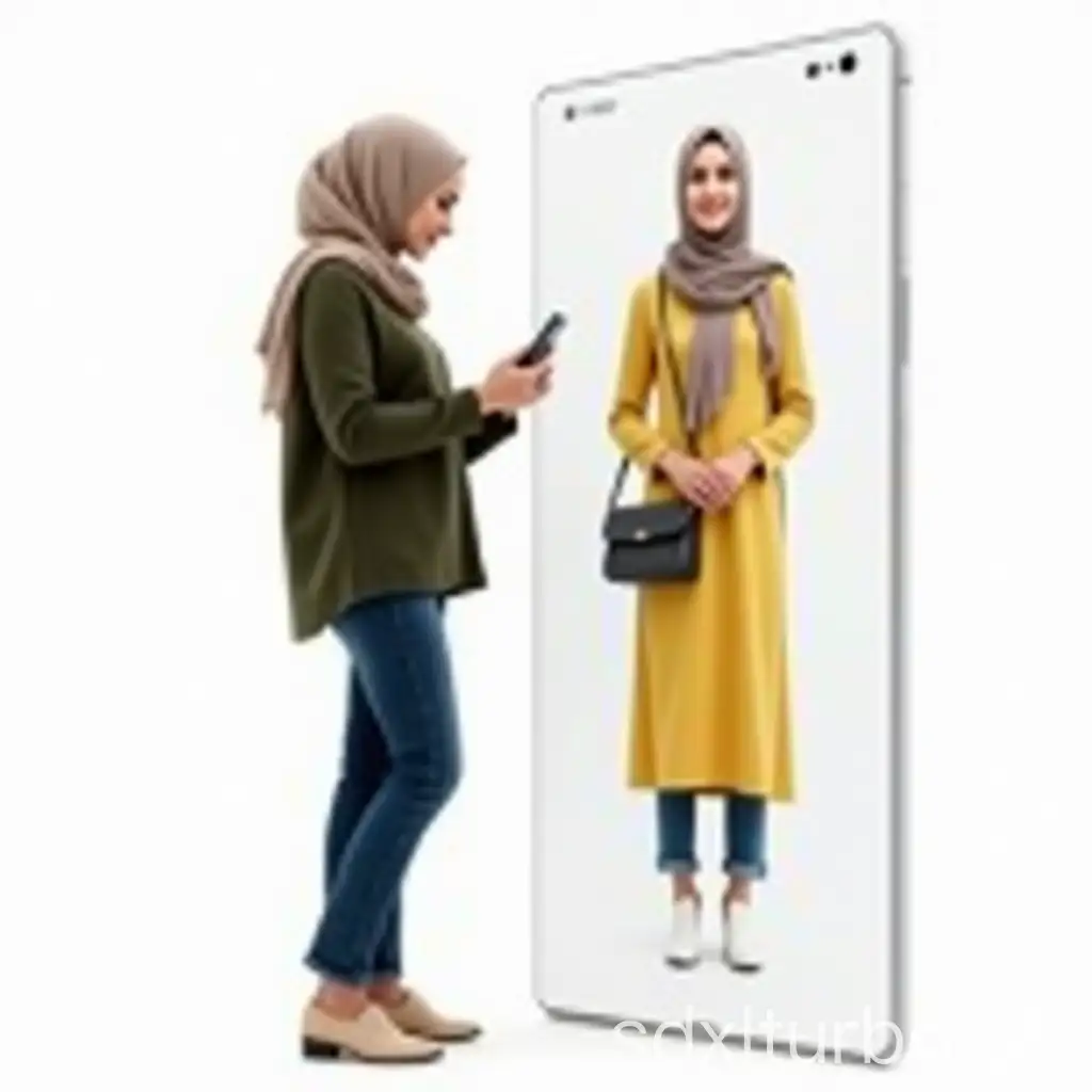 Persian-Woman-Shopping-for-Clothing-on-a-Giant-Mobile-Phone