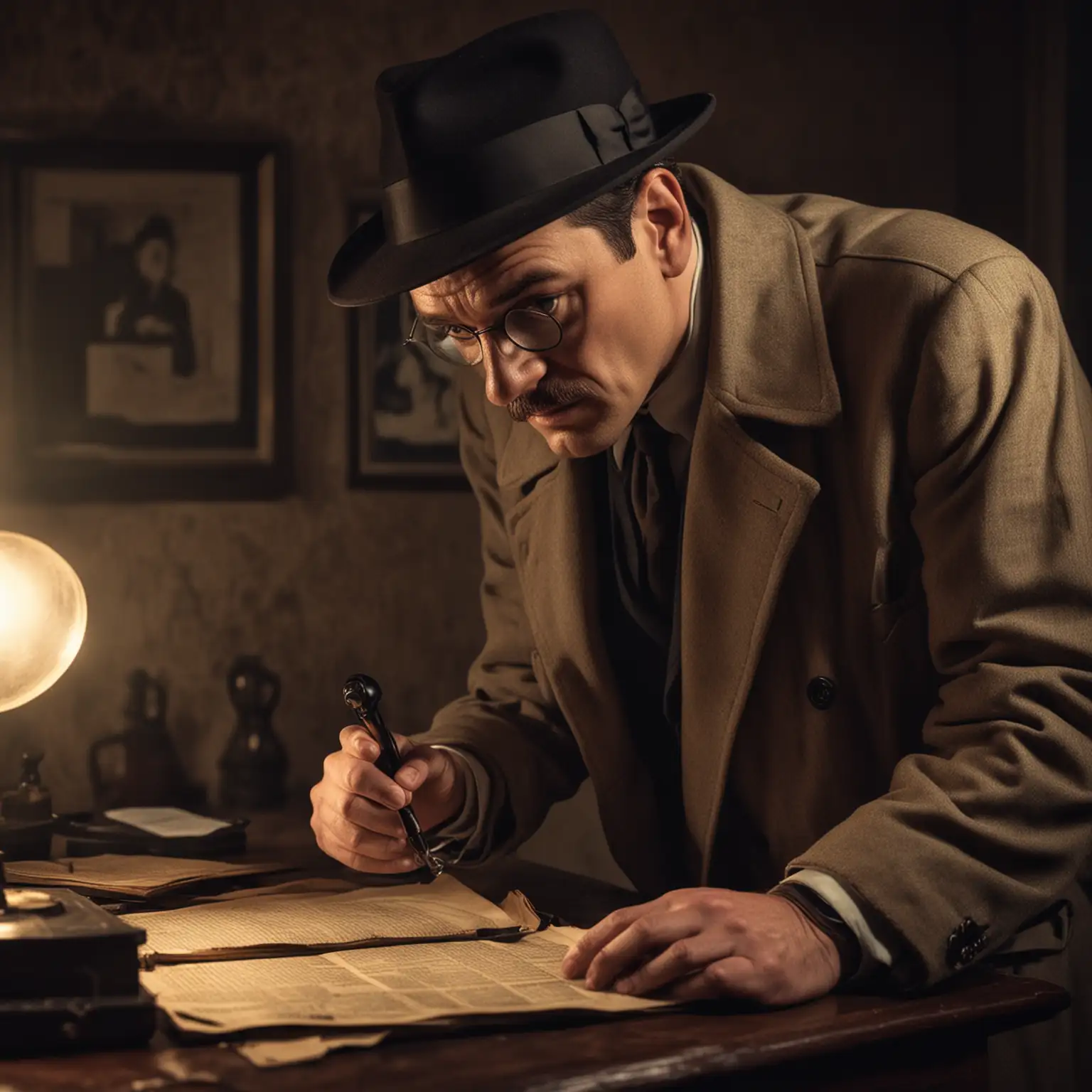 Vintage-Detective-Investigating-with-Magnifying-Glass-in-Dimly-Lit-Room