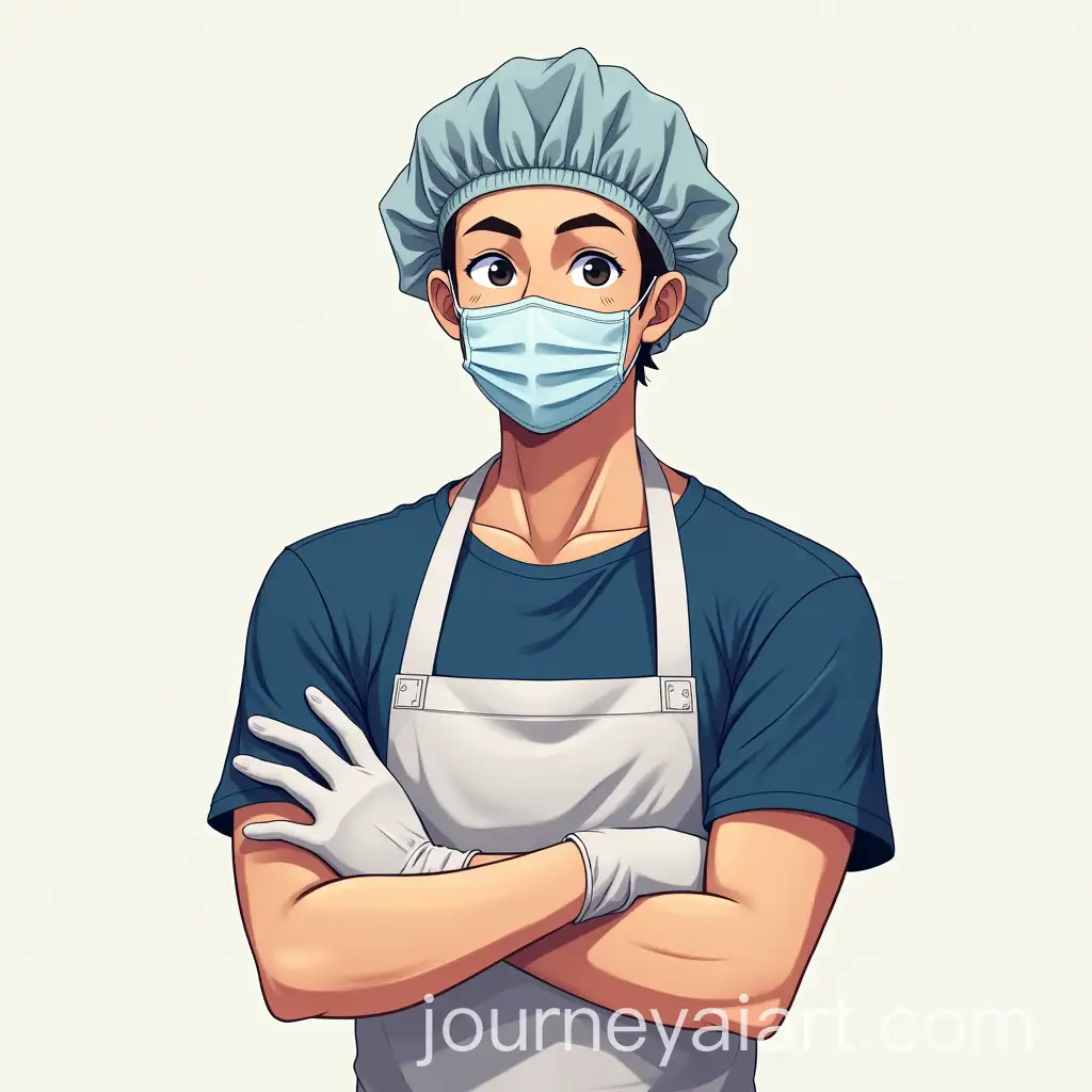 Anime-Male-Cook-Wearing-Apron-Hair-Net-Gloves-Mask-and-Blue-TShirt