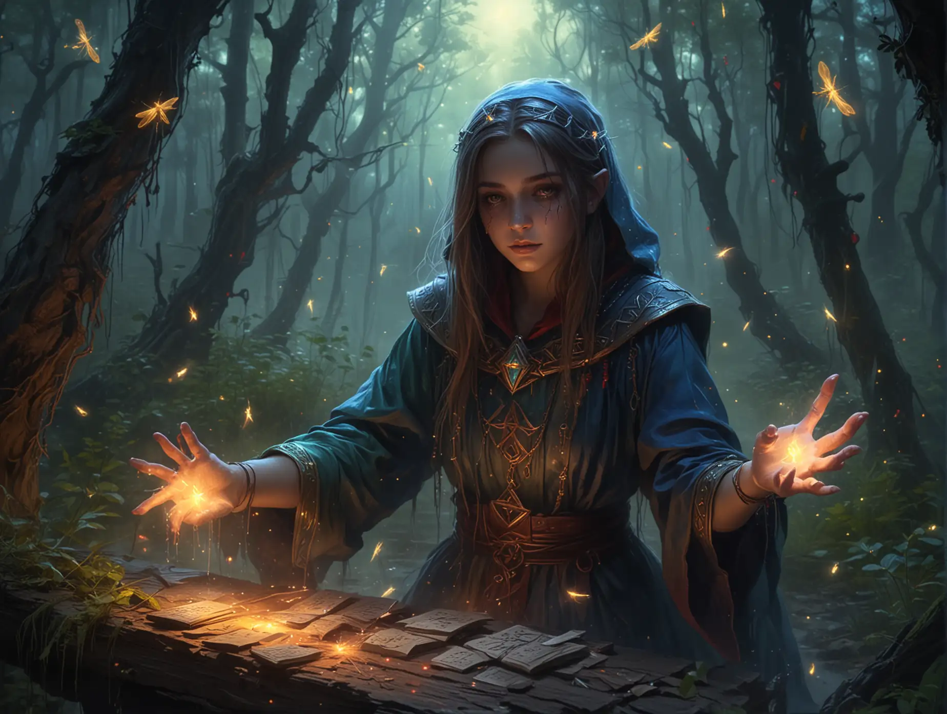 Dark-Magician-Necromancer-Girl-Drawing-Glowing-Runes-in-Enchanted-Forest-at-Twilight