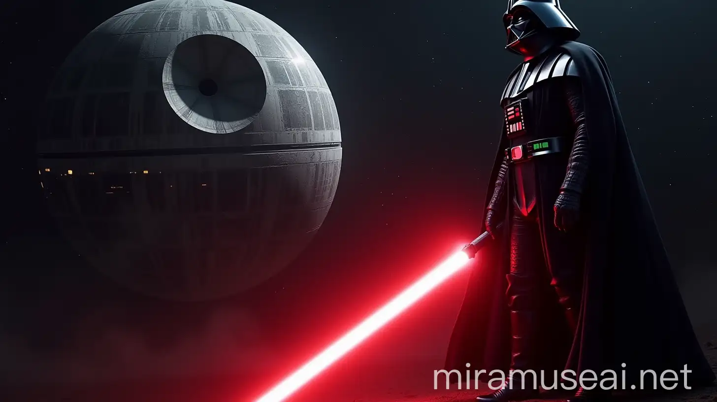 Darth Vader with Red Lightsaber on Death Star Background