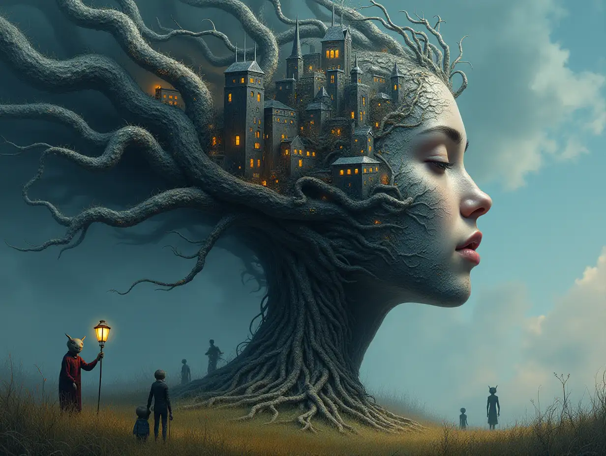 Creating a digital painting of a face with hair transforming into buildings with silver stone and illuminated trees with roots and lanterns and strange creatures-aliens on a meadow 