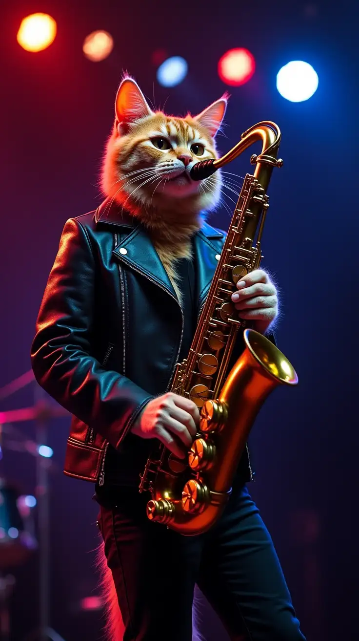 A charismatic rockstar cat, dressed in a black leather jacket, playing a sleek soprano saxophone on stage, similar to the one used by Kenny G. The cat stands confidently, producing smooth, soulful notes from the sax, while vibrant lights flash in the background, creating a serene yet powerful atmosphere.