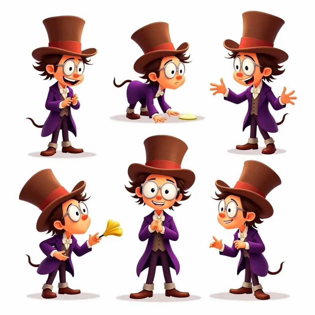 Create a cartoon character inspired by Willy Wonka from the 2005 film Charlie and the Chocolate Factory. The character should be dressed in a purple suit and hat. Be sure to include white glasses, as in the film. Draw Willy Wonka in different poses, preferably five poses and with different emotions. The atmosphere should be bright, conveying a sense of magic and adventure.