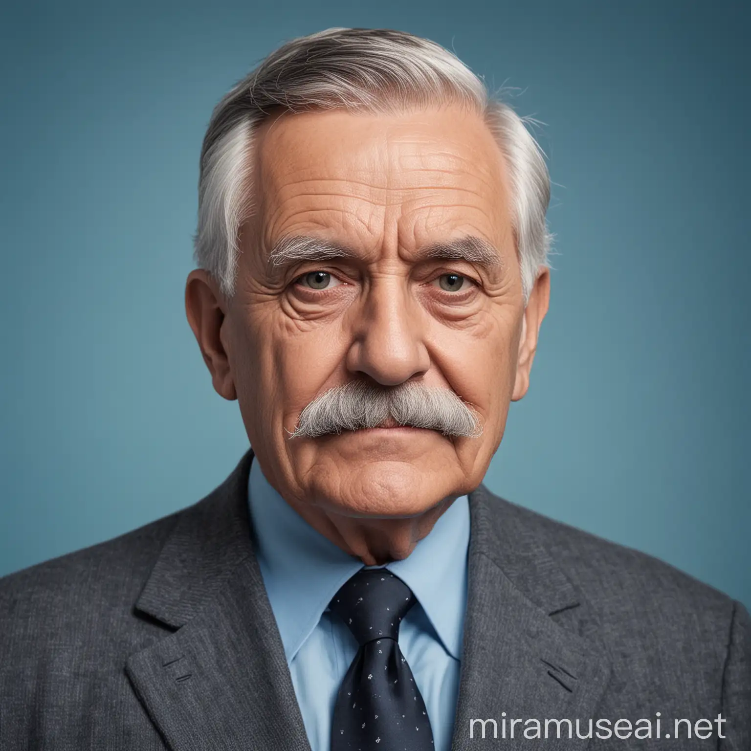 Elderly President with Grey Mustache on Blue Background