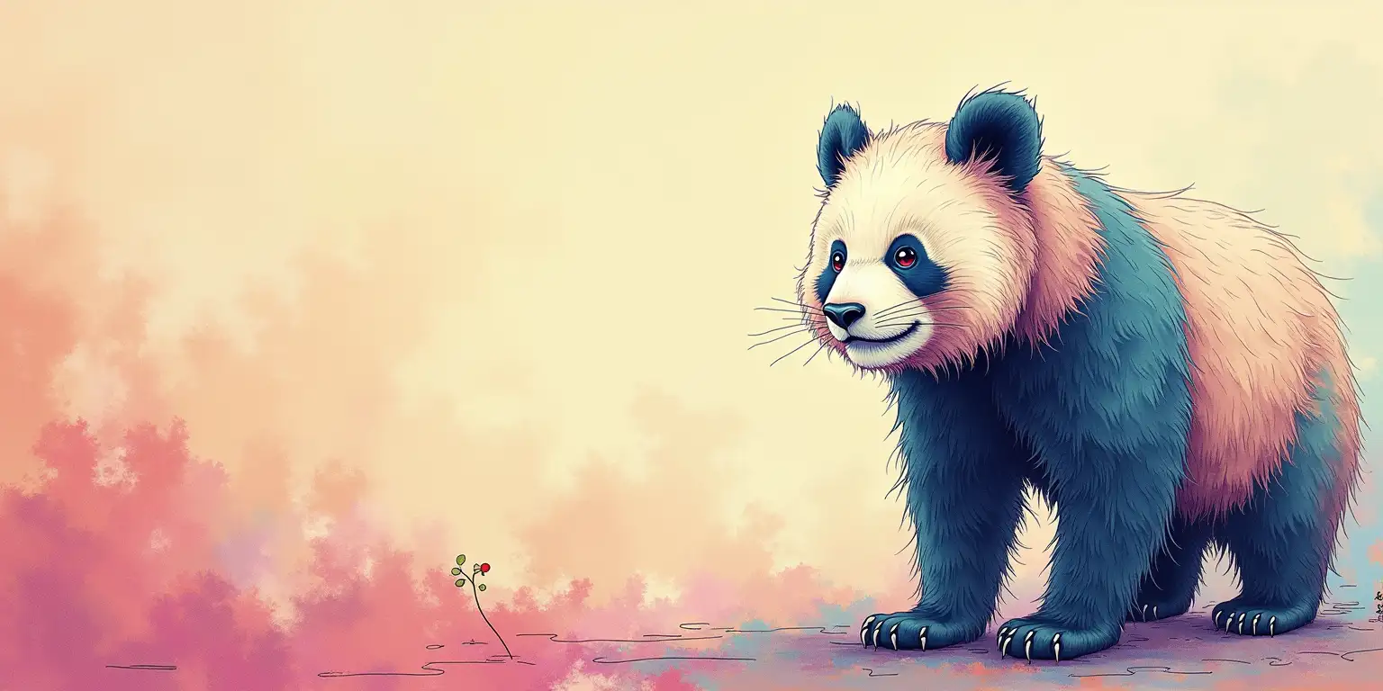 Surreal Line Drawing of a Happy Panda in Natural Colors