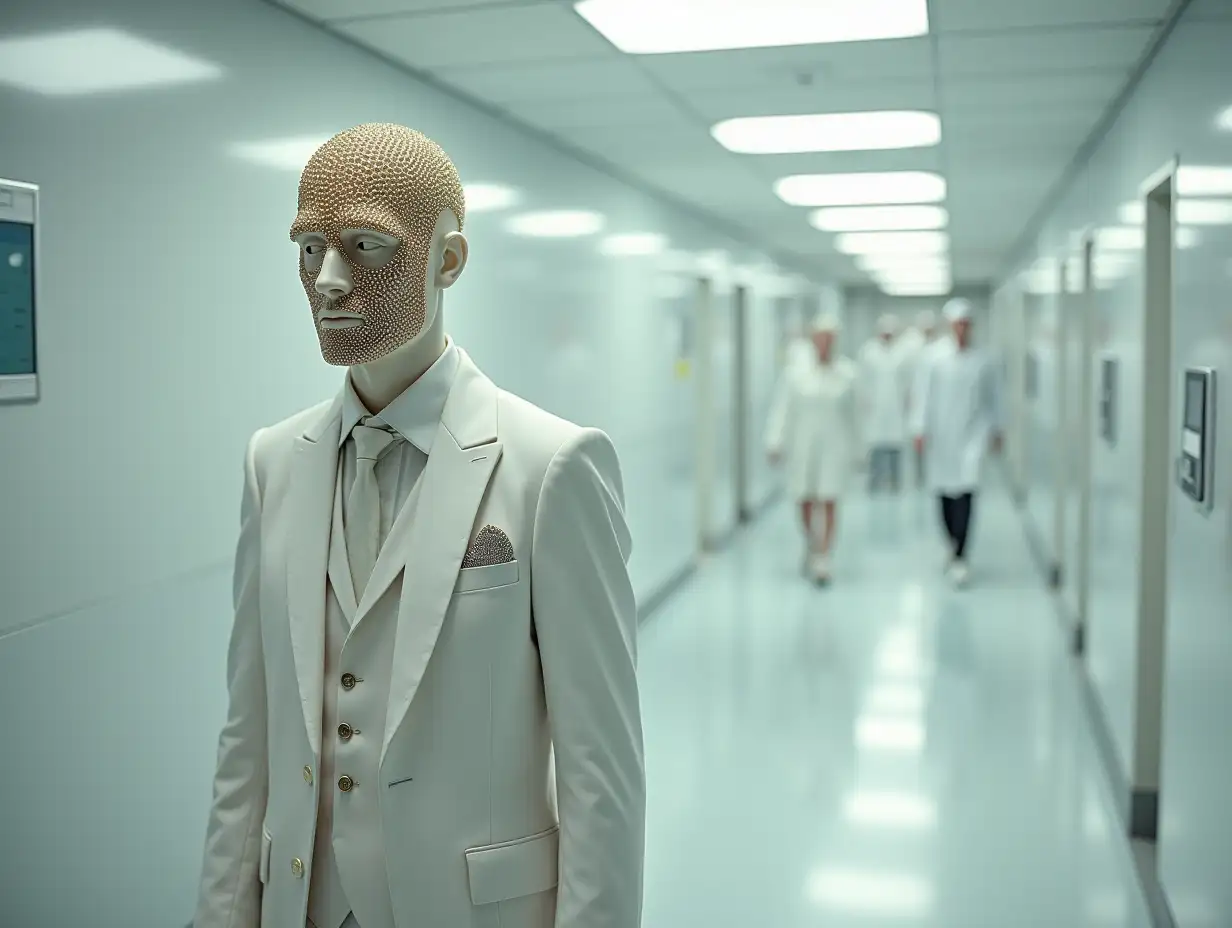 Man-with-Diamond-and-Golden-Pearl-Face-Walking-in-White-Hospital-Corridor