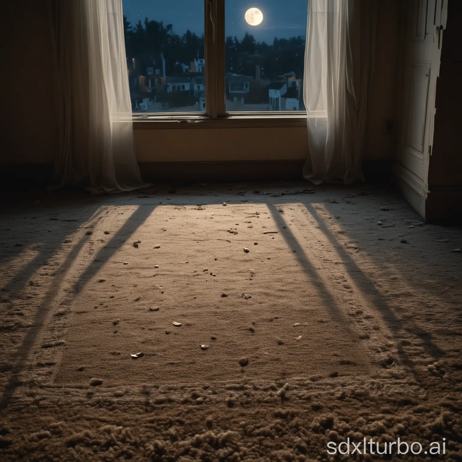 A small room, with a worn-out carpet on the floor, full moon outside the window, faint moonlight falls on the carpet