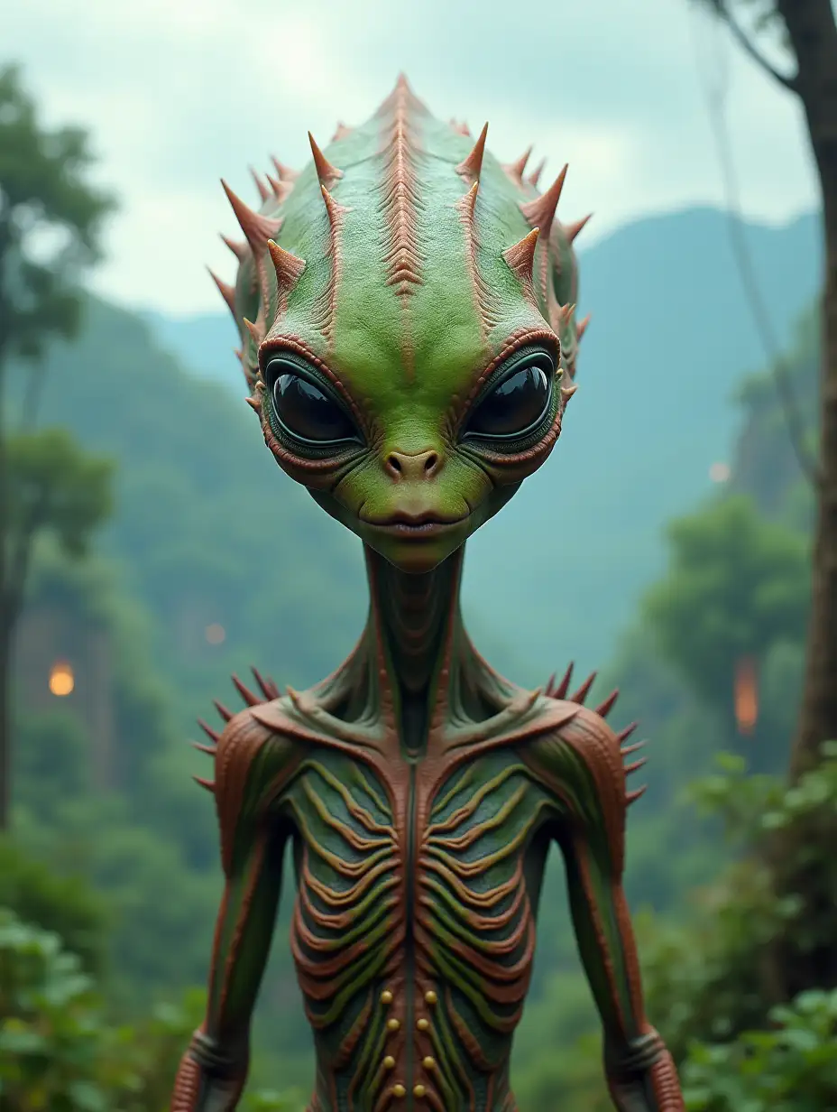 Alien with spiky green-red striped skin on a planet with rainforest,see,blue sky,ufos