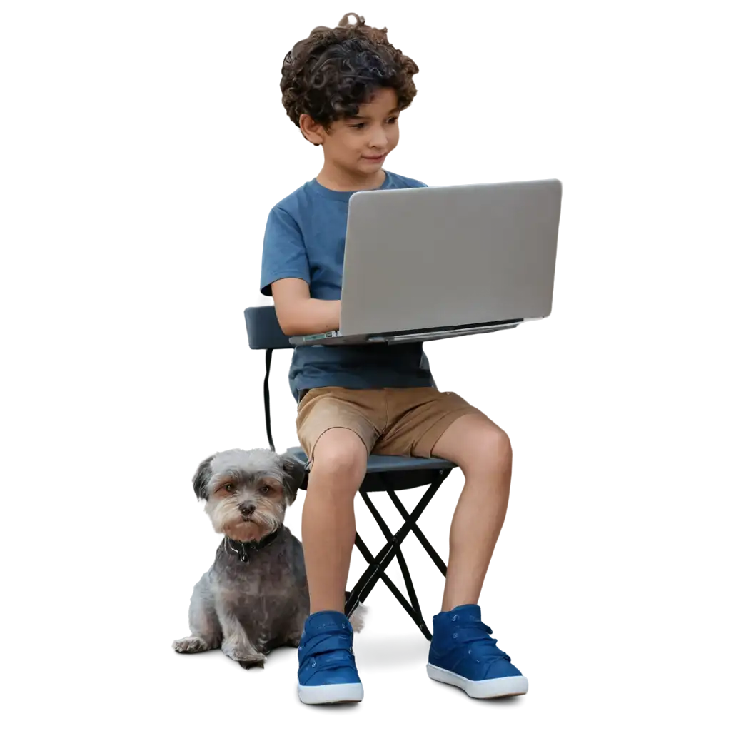 Boy sitting on chair using laptop beside small dog playing