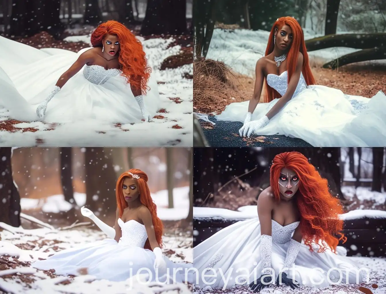 Elegant-DarkSkinned-Bride-Crawling-on-Stone-Table-in-Woodland-Snowfall