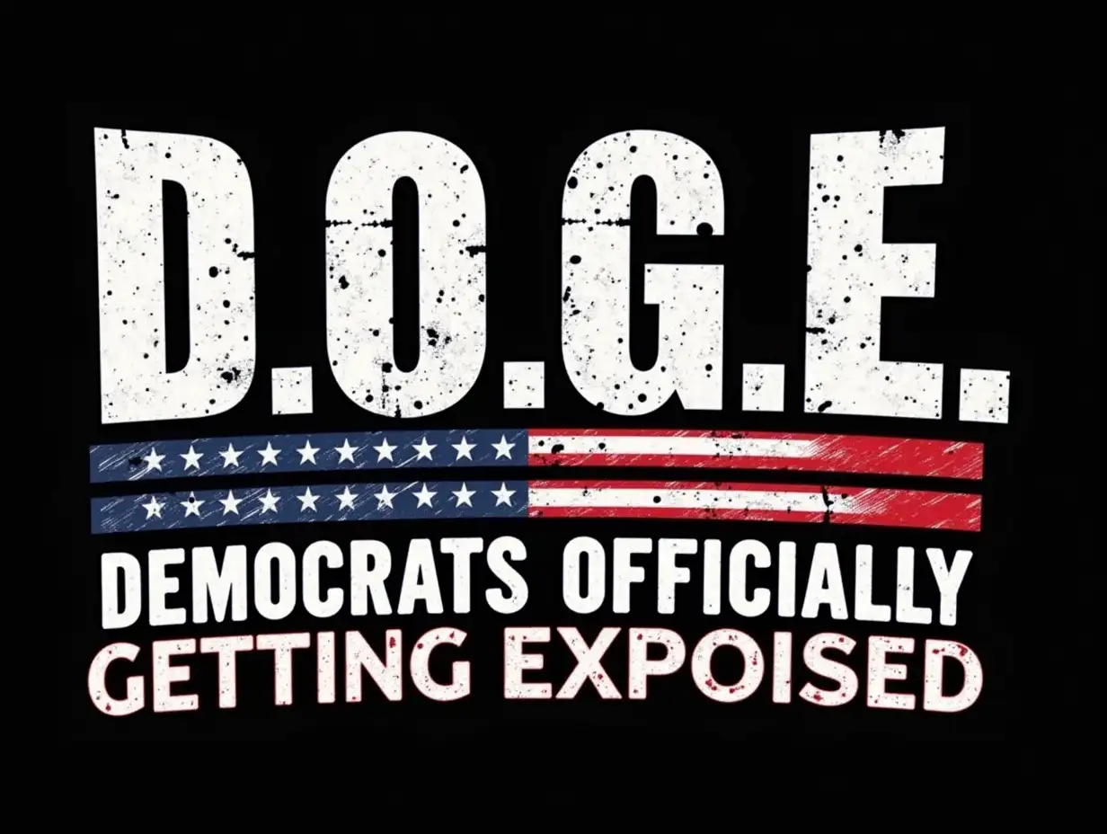 A bold and striking political-themed T-shirt design. The large, distressed white capital letters spell out 'D.O.G.E.' with a patriotic red, white, and blue stripe underneath. Below, the acronym is spelled out vertically in bold white text, with the first letters of each word ('D,' 'O,' 'G,' and 'E') highlighted in red. The words 'Democrats Officially Getting Exposed' are arranged in a structured layout, creating a powerful visual impact. The background is solid black, making the text stand out prominently. The design has a rugged, vintage, grunge-style texture to give it a worn, classic look. The overall theme is political, with a conservative, patriotic tone.