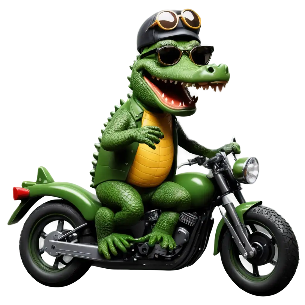 Caricature of a crocodile wearing sunglasses riding motorcycle