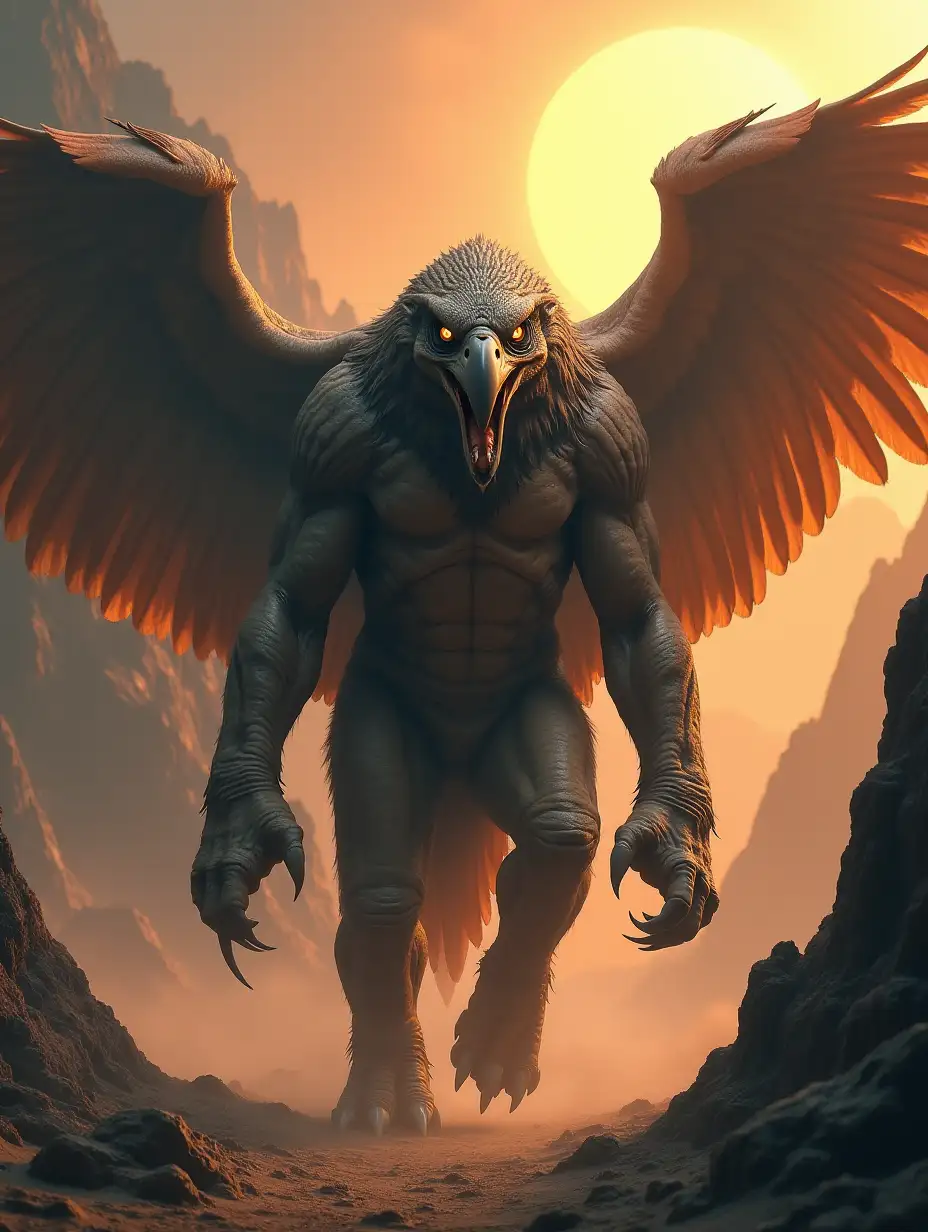 A terrifying hybrid creature that merges the strength of an elephant with the agility of a falcon. The creature has the massive body and legs of an elephant, covered in thick, wrinkled skin, while its head morphs into a sharp-beaked falcon, complete with intense, predatory eyes. Large, powerful wings extend from its sides, and its trunk is replaced by a sharp, talon-like appendage. The entire hybrid is fully in frame. The background features a rugged mountain landscape with jagged peaks, swirling dust, and a fiery sunset, creating an ominous and intense atmosphere.